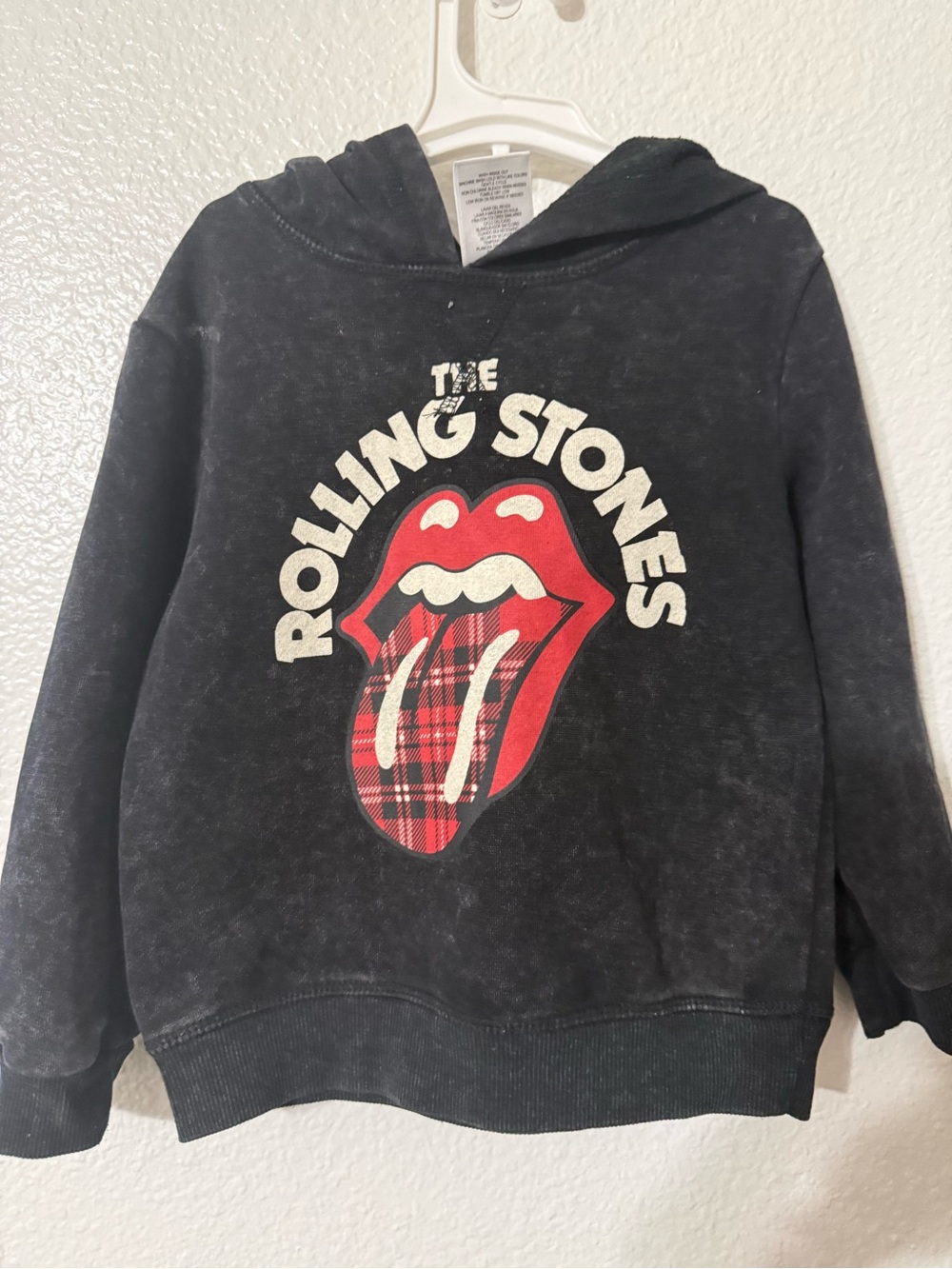 the Rolling Stones Black Hoodie with Red Plaid Tongue Graphic